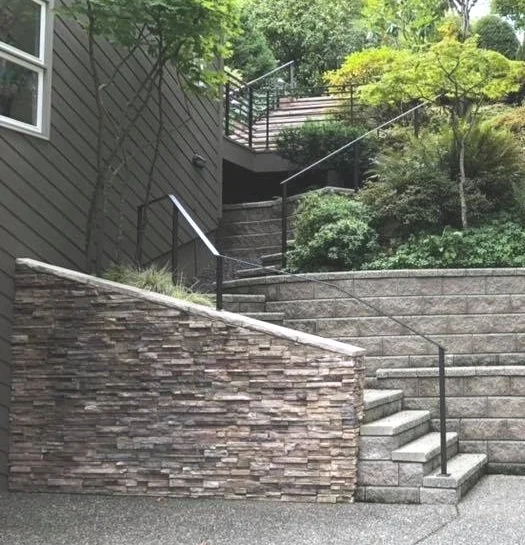 Kirkland stone retaining wall and stairway hardscaping 