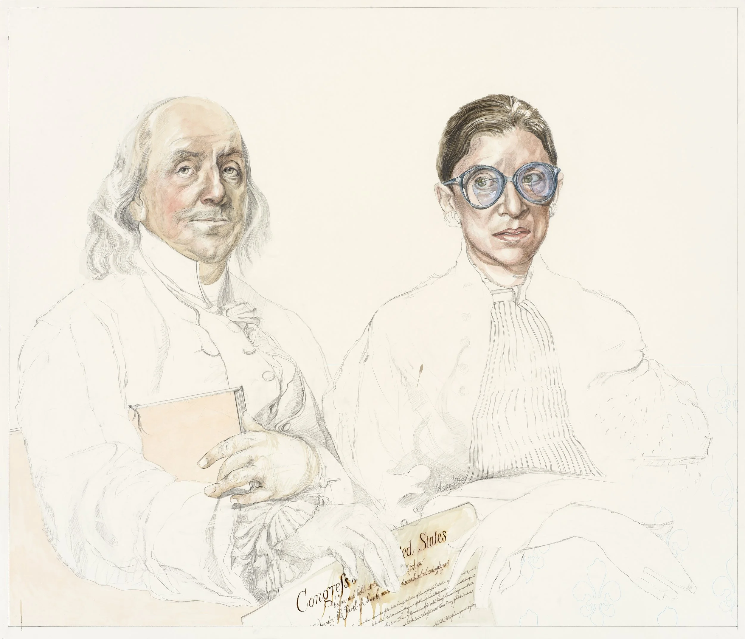 Americans in Time series (Benjamin Franklin and Ruth Bader Ginsburg) Ink with pencil on paper 45 x 53" 2026
