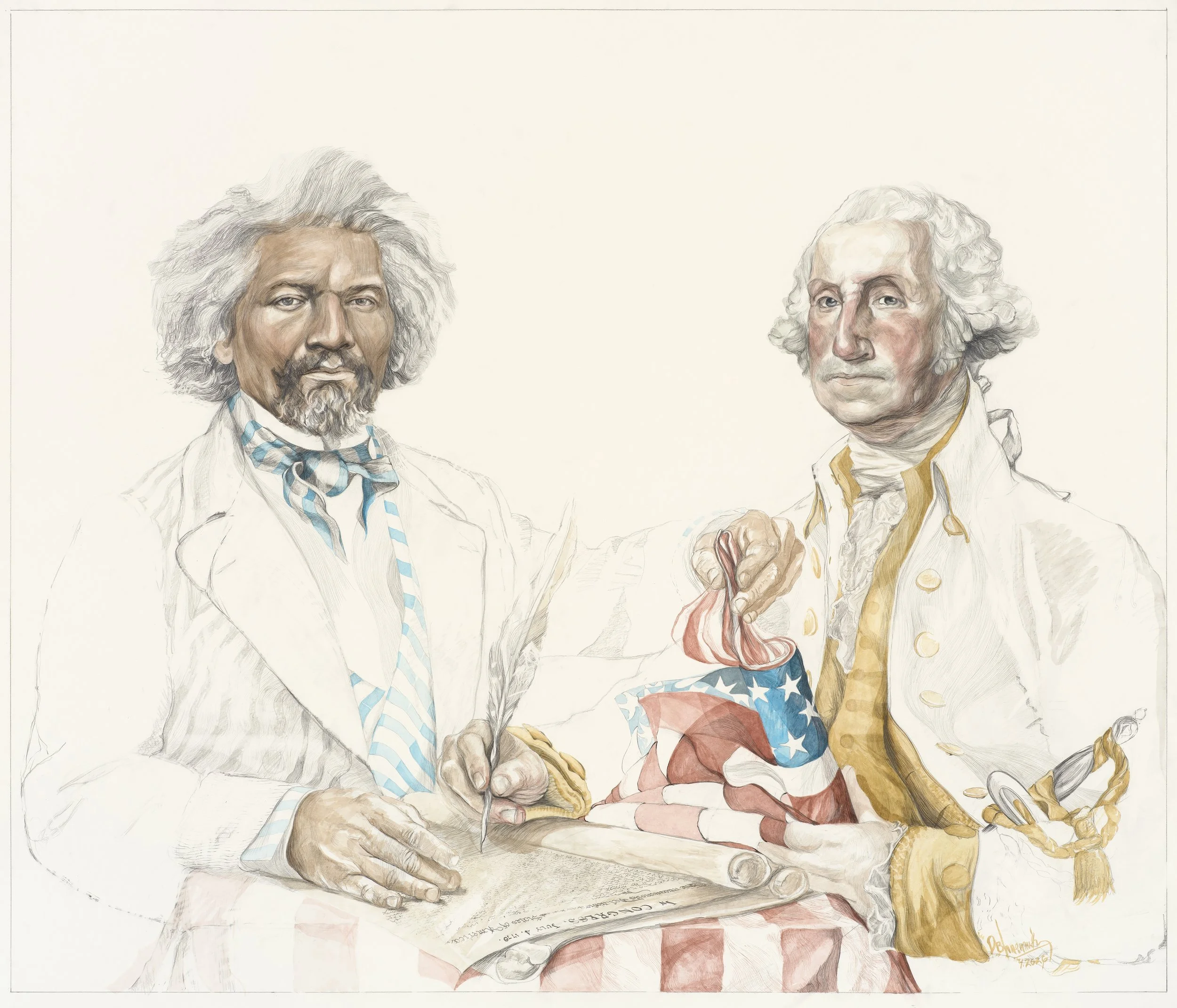 Americans in Time series (Frederick Douglass and George Washington) Acrylic with ink and pencil on paper 45 x 53" 2026