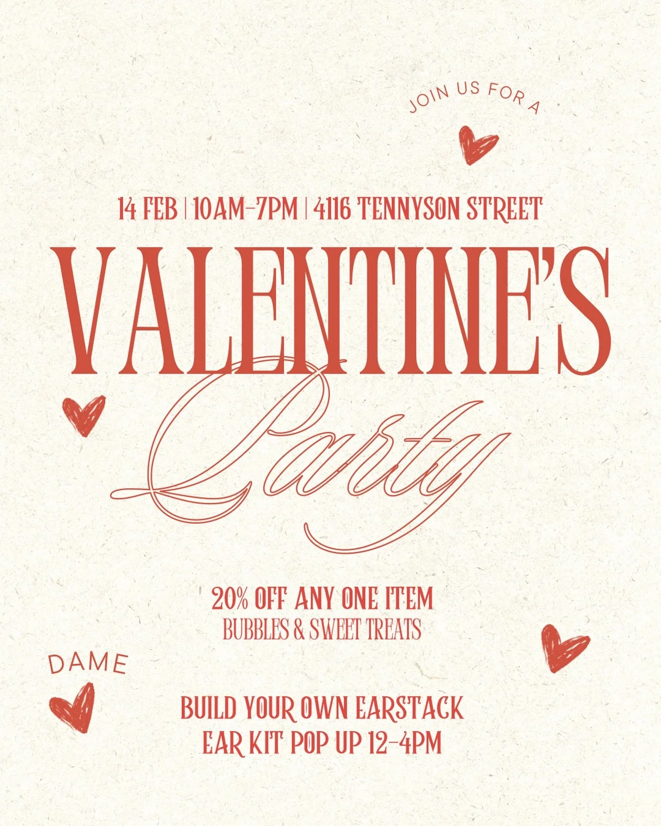 DAME does Valentines &hearts;️

Join us 2/14 from 10-7 for 20% off any one item.

Come build your very own ear stack with @ear__kit from 2-4. 

There will also be bubbles and sweet treats 🥂
