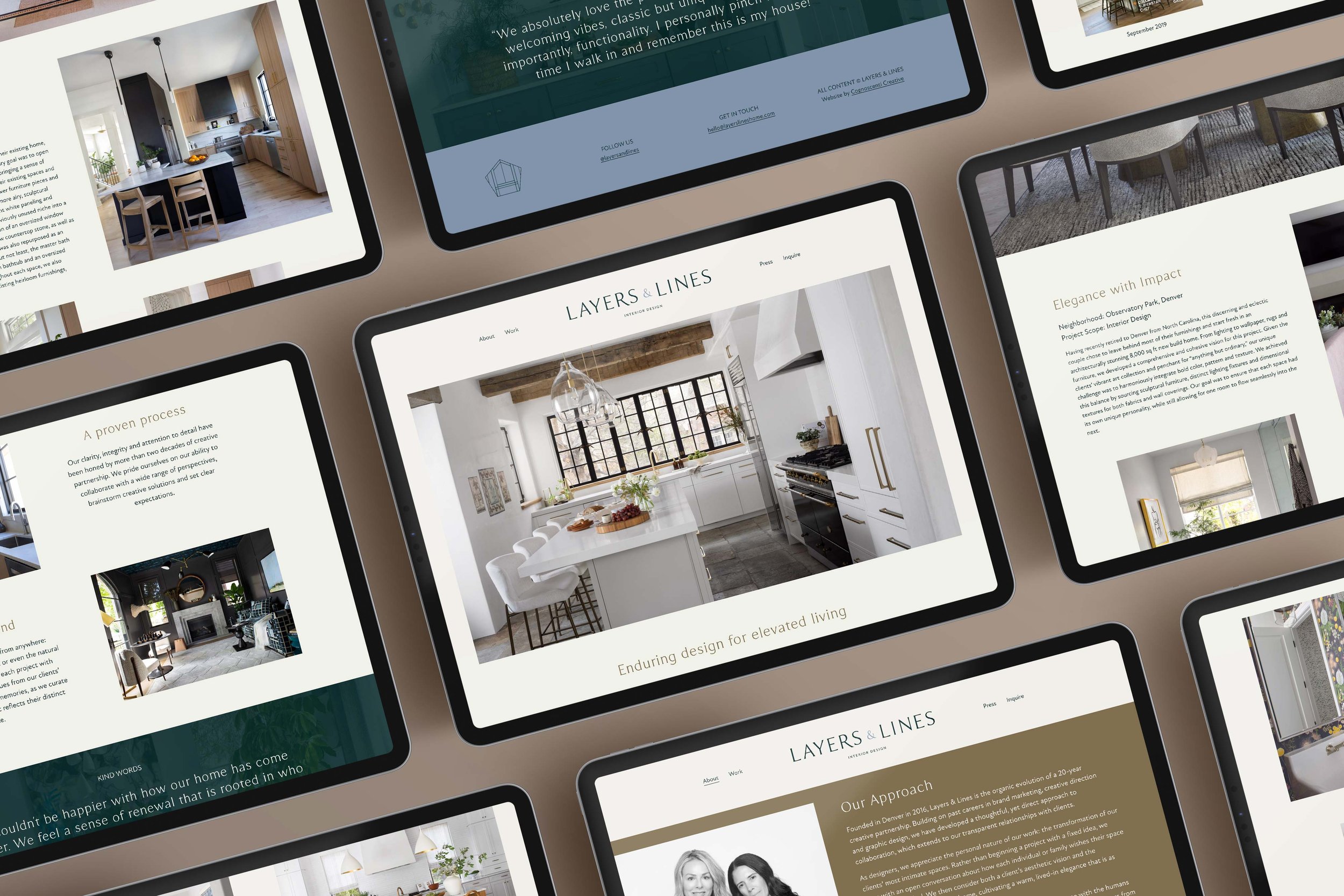 Multiple tablet screens displaying interior design website pages with images of kitchens, living rooms, and dining areas.