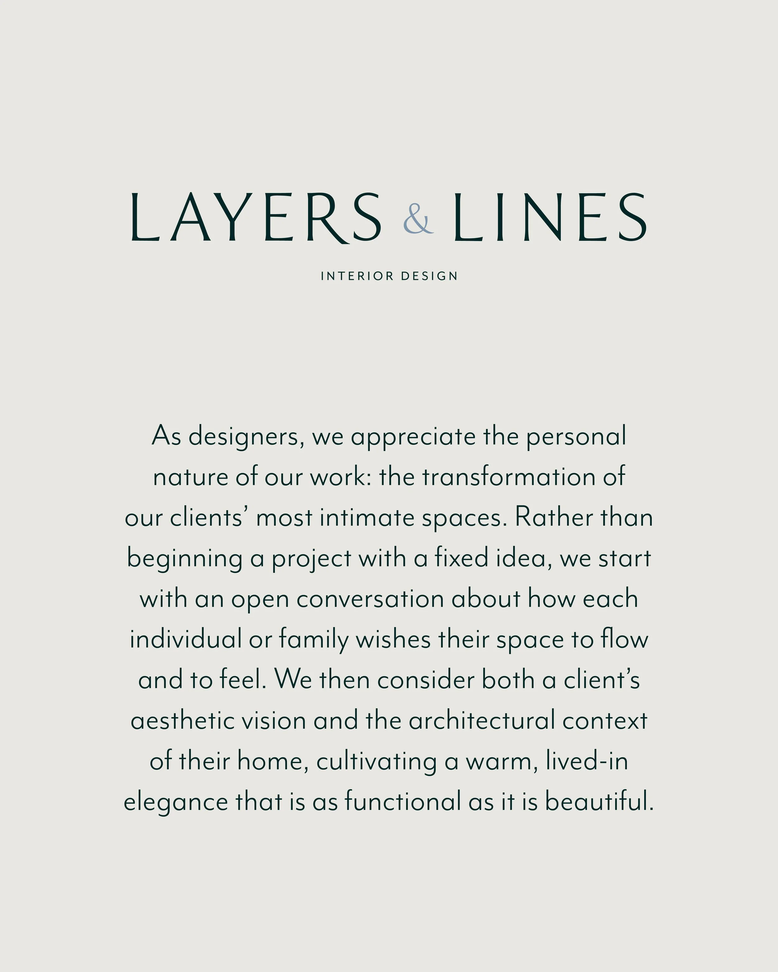 Text from an interior design website titled "Layers & Lines" with a description of the design process focusing on personal spaces and architectural context.