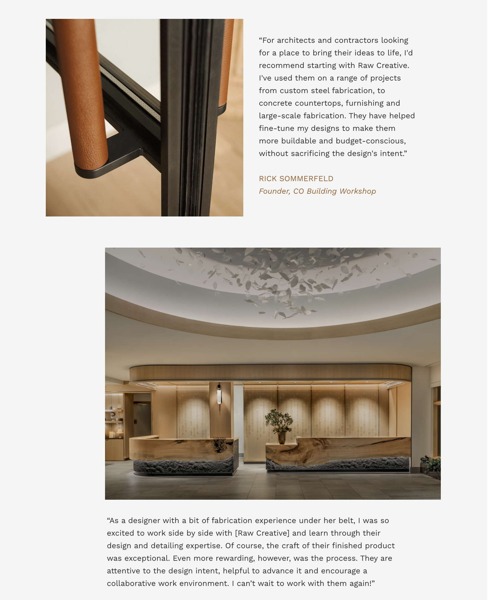 Close-up of a modern steel and leather furniture piece, showcasing sleek black frame and brown leather accents, with a quote about design and fabrication. Below, an image of a contemporary hotel or office reception area featuring wooden accents, a curved ceiling with artistic detailing, and a polished reception desk.