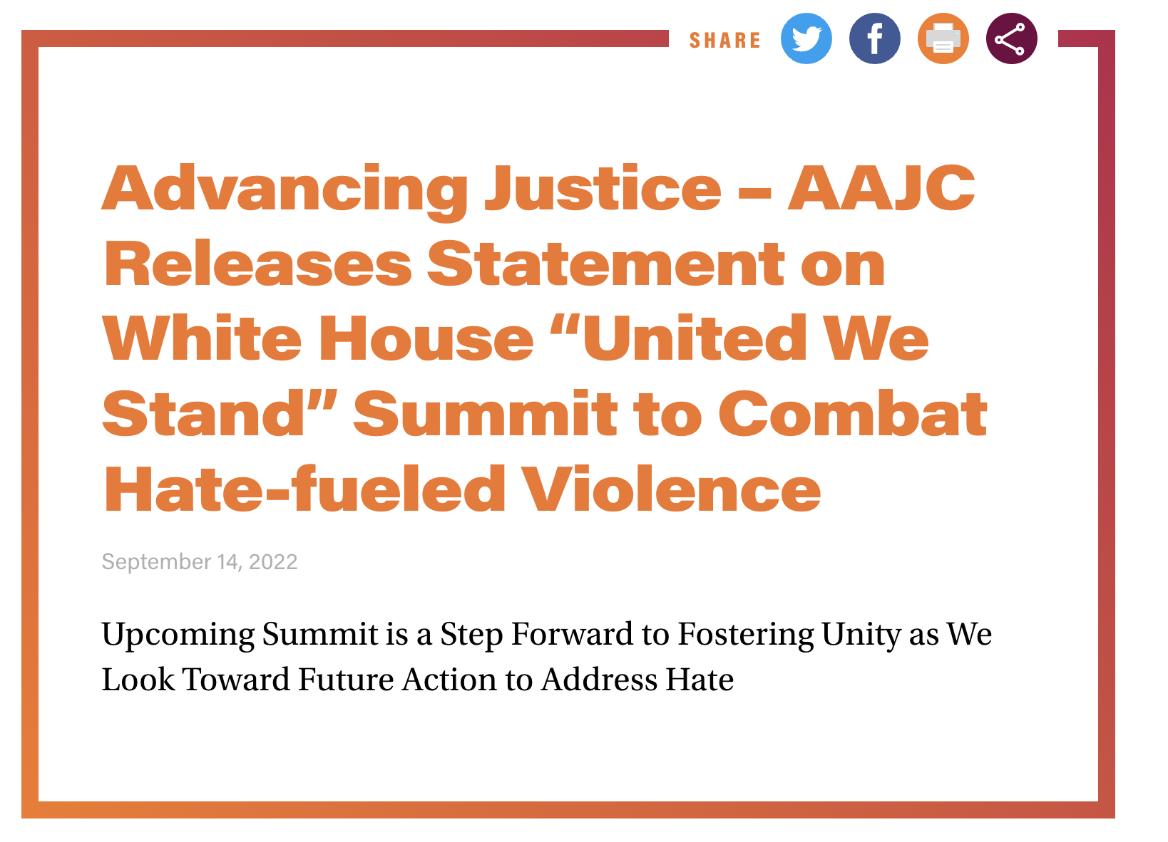 Advancing Justice – AAJC Releases Statement on White House “United We Stand” Summit to Combat Hate-fueled Violence