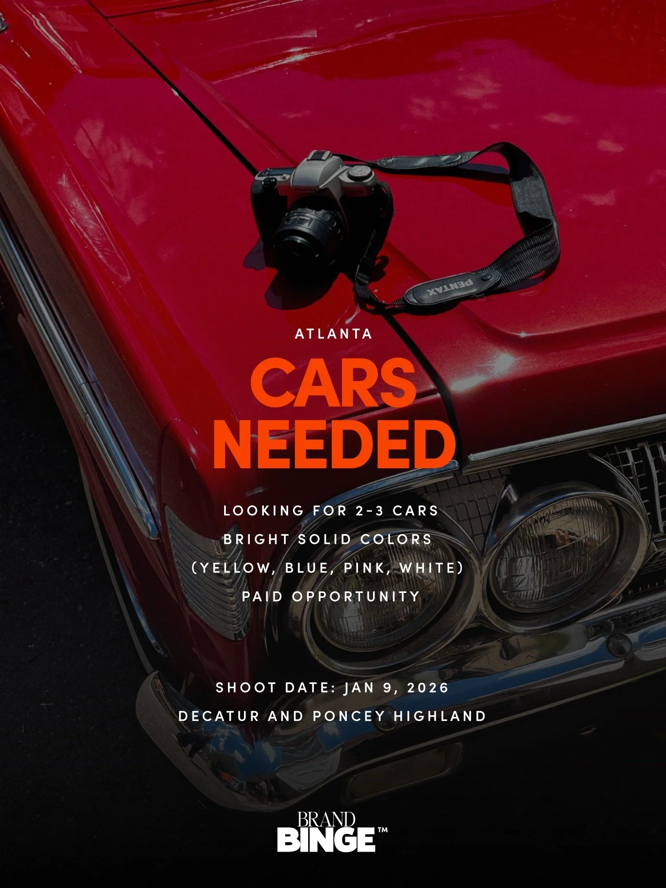Atlanta: I'm looking for 2-3 cars - bright solid colors (yellow, blue, pink etc) and a white one, with well kept interiors for a product shoot. 

We'll be shooting at two locations: Decatur and Plaza Theatre off Ponce. If you know anyone interested, 