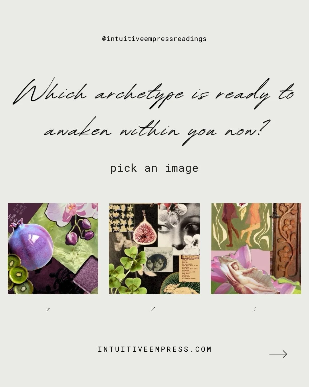 𝕡𝕚𝕔𝕜 𝕒𝕟 𝕚𝕞𝕒𝕘𝕖:: 𝕗𝕠𝕣 𝕥𝕙𝕖 𝕒𝕣𝕔𝕙𝕖𝕥𝕪𝕡𝕒𝕝 𝕖𝕟𝕖𝕣𝕘𝕪 𝕒𝕨𝕒𝕜𝕖𝕟𝕚𝕟𝕘 𝕚𝕟 𝕪𝕠𝕦 🌿🍃🍑🔮🔌

intuitiveempress.com for personal readings 

&bull;
&bull;
&bull;
&bull;
&bull;

#intuitivereading #dailytarot #tarotreadersofig #ar