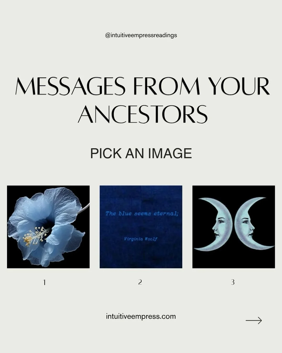 My May Intuitive Forecast is now 40% off, a limited-time offering at $33 &mdash; Link in Bio

🌜🔹

MESSAGES FROM YOUR ANCESTORS | pick an image
 

Before choosing your image, make sure you are hydrated &amp; grounded. Take a few nourishing breaths a