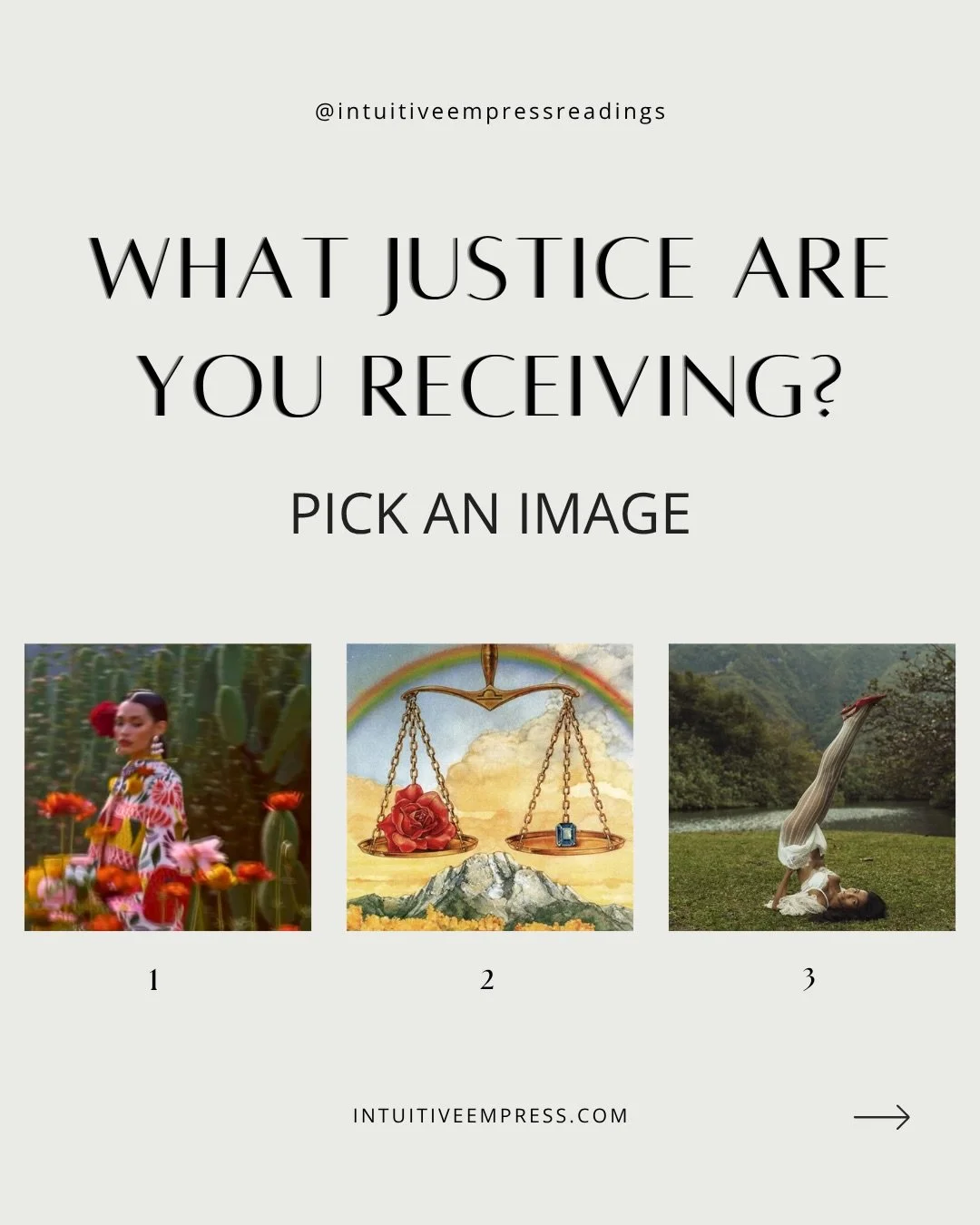 What justice are you receiving? 🏹🍀⚖️ pick an image 

&bull;

Before choosing your image, make sure you are hydrated &amp; grounded. Take a few nourishing breaths and select using your intuition. Don&rsquo;t overthink it. These are general readings 
