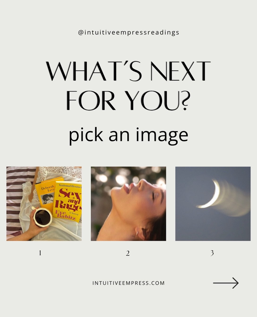 What&rsquo;s next for you? 💋🌜📝

Pick an image 

&bull;

Before choosing your image, make sure you are hydrated &amp; grounded. Take a few nourishing breaths and select using your intuition. Don&rsquo;t overthink it. These are general readings &amp