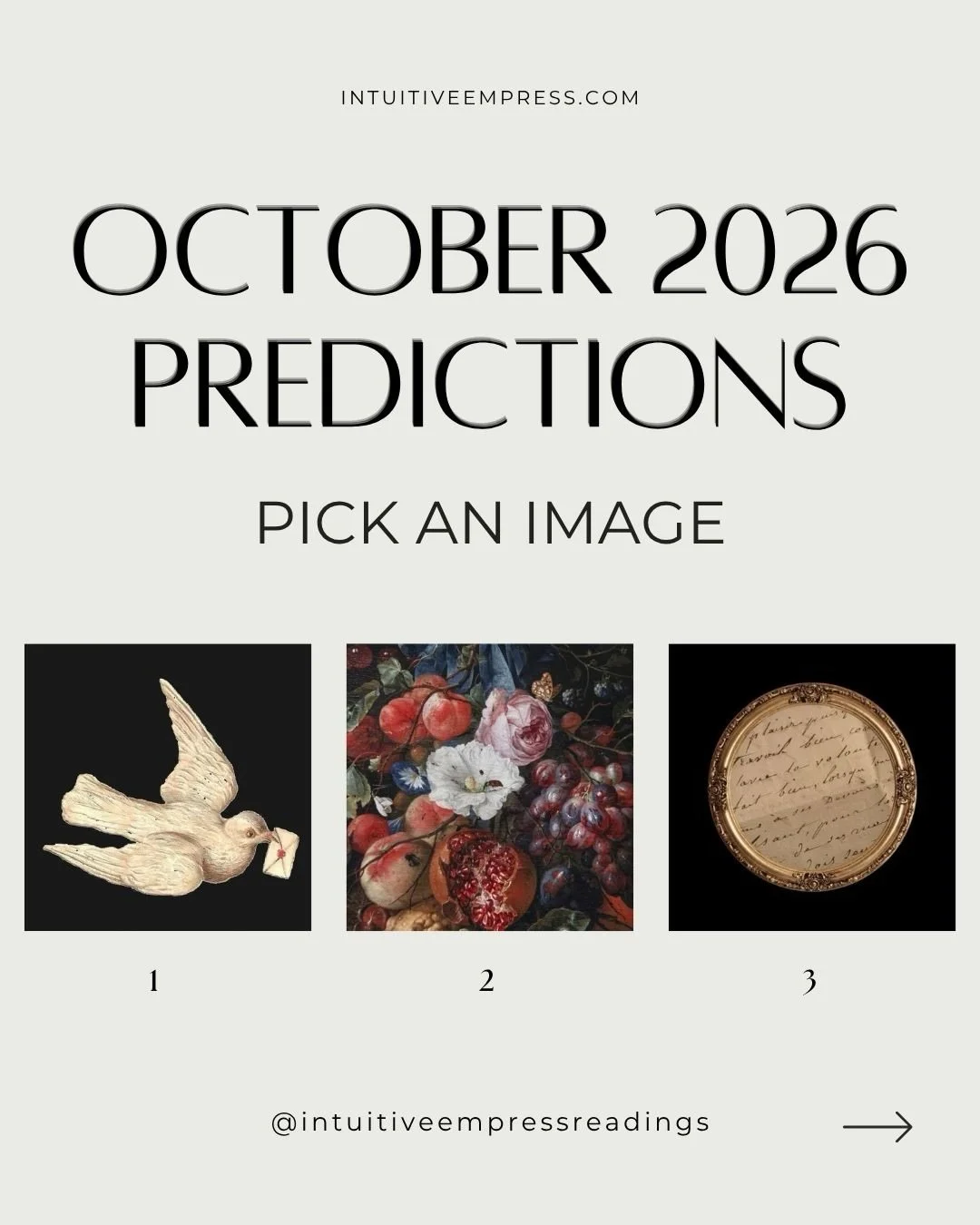 October Predictions 🧺🍇🕯️🍃 Pick an Image 

&bull;

Before choosing your image, make sure you are hydrated &amp; grounded. Take a few nourishing breaths and select using your intuition. Don&rsquo;t overthink it. These are general readings &amp; for