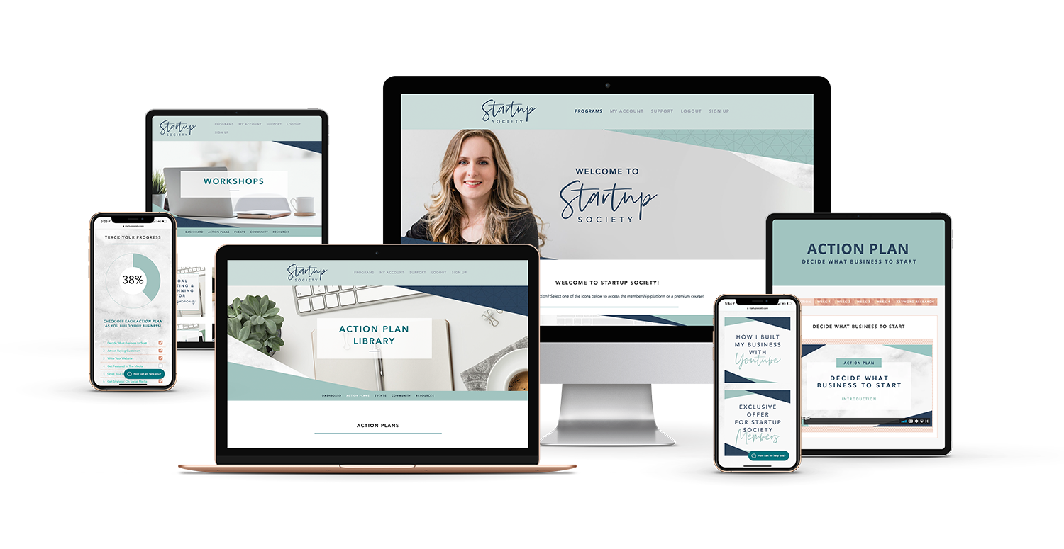 A spread of devices showing different areas of Gillian's membership program, Startup Society.