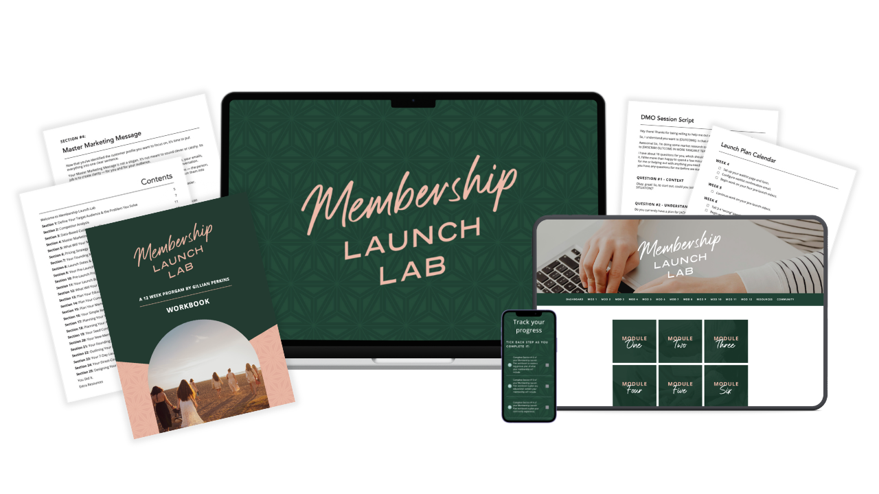 A graphic showing a collection of devices and pages displaying Membership Launch Lab content, including an iPad showing the course dashboard, pages from the hardcopy workbook, and pages of bonus resources.