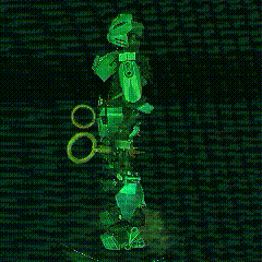 Lego astronaut figure illuminated in green, with digital code background