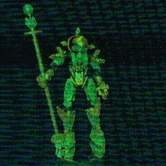 A digital green-tinted image of a humanoid character dressed as a warrior, holding a spear in one hand and a shield in the other, with a backdrop resembling computer code or digital data.