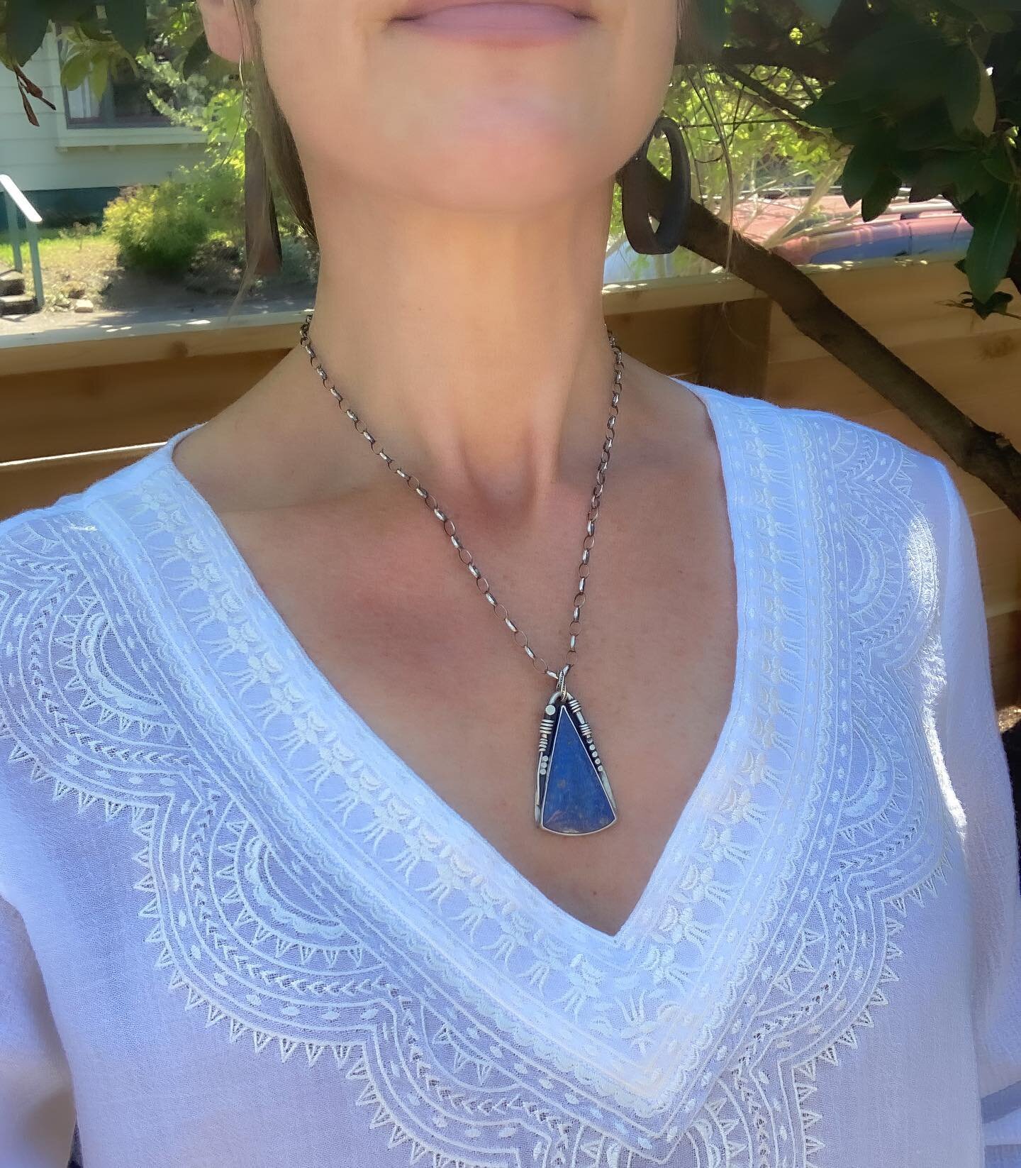 Dumortierite pendant necklace with lots of rustic handmade sterling silver detail doo-dads and my favorite sterling silver chain style. Delightful denim blue and a great alternative to lapis lazuli if you are looking for a new blue to crave. (Update: