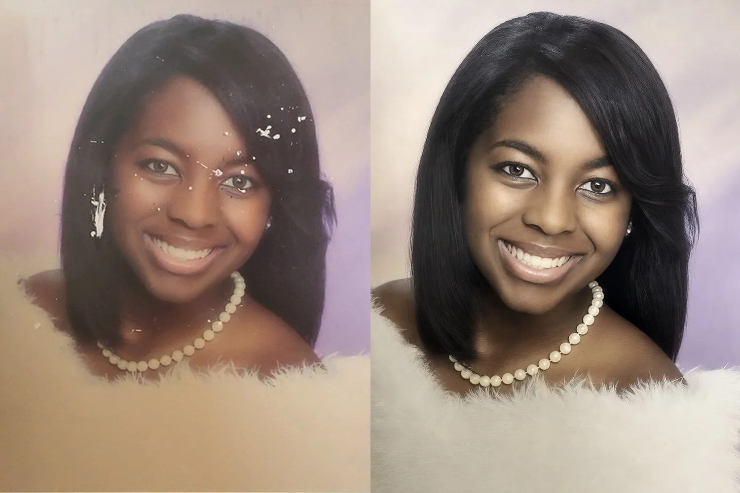 Comparison of two portrait photographs of the same woman, showing her smiling with a pearl necklace and styled hair, the left image is an older, damaged photo, the right is a restored, high-quality version.