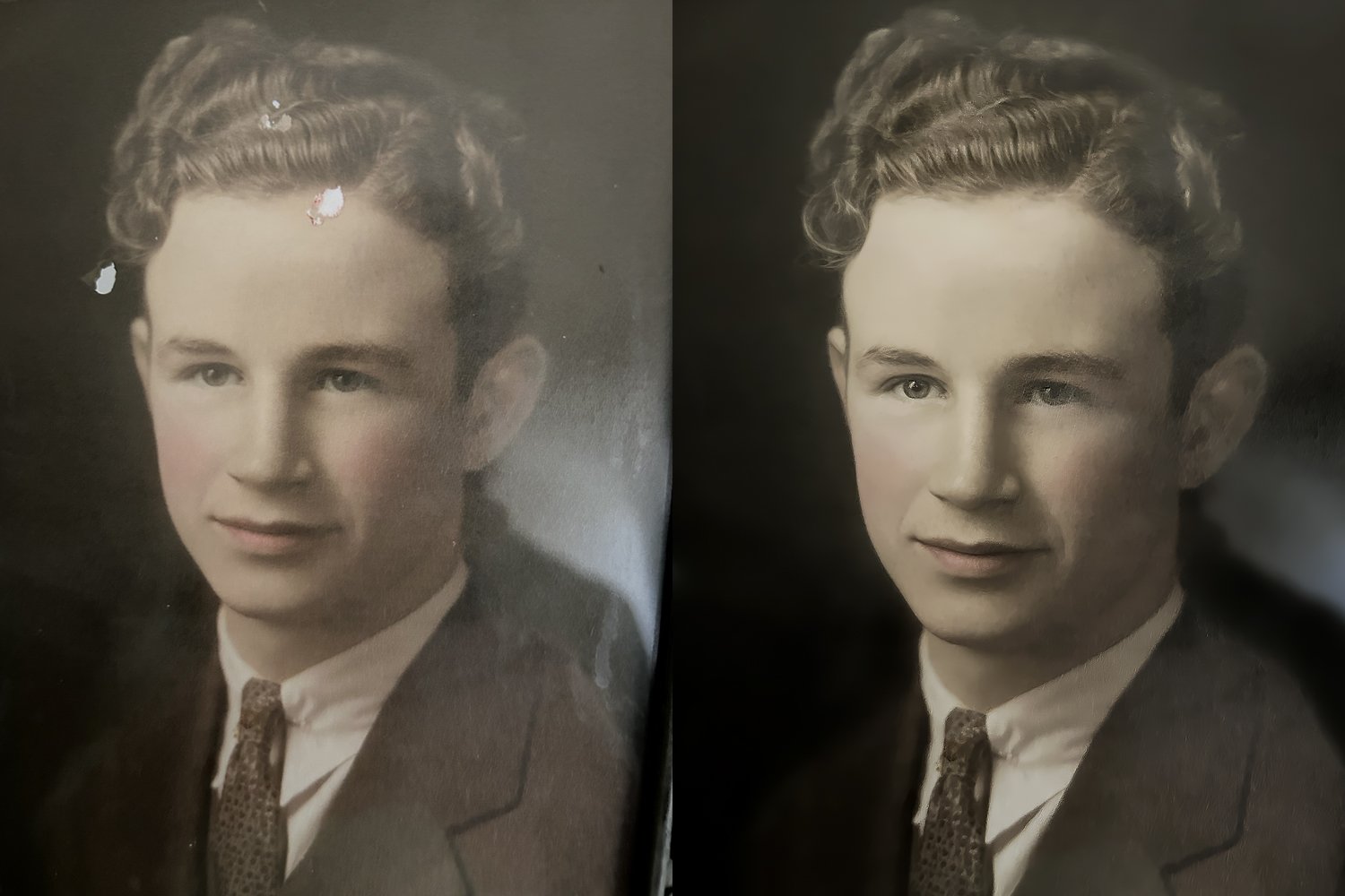The image on the left is the original photo damaged by scratches, tears and discolorations. The on on the right is the restored and repaired high-resolution photo.