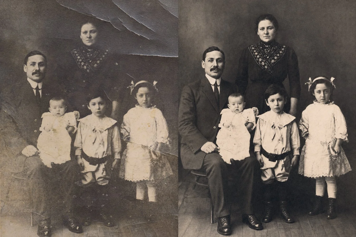 Side-by-side comparison of an old black-and-white family photograph, with the left side showing the original and the right side restored. The photo features a family portrait of two adults and four children, with the adults seated and the children standing.