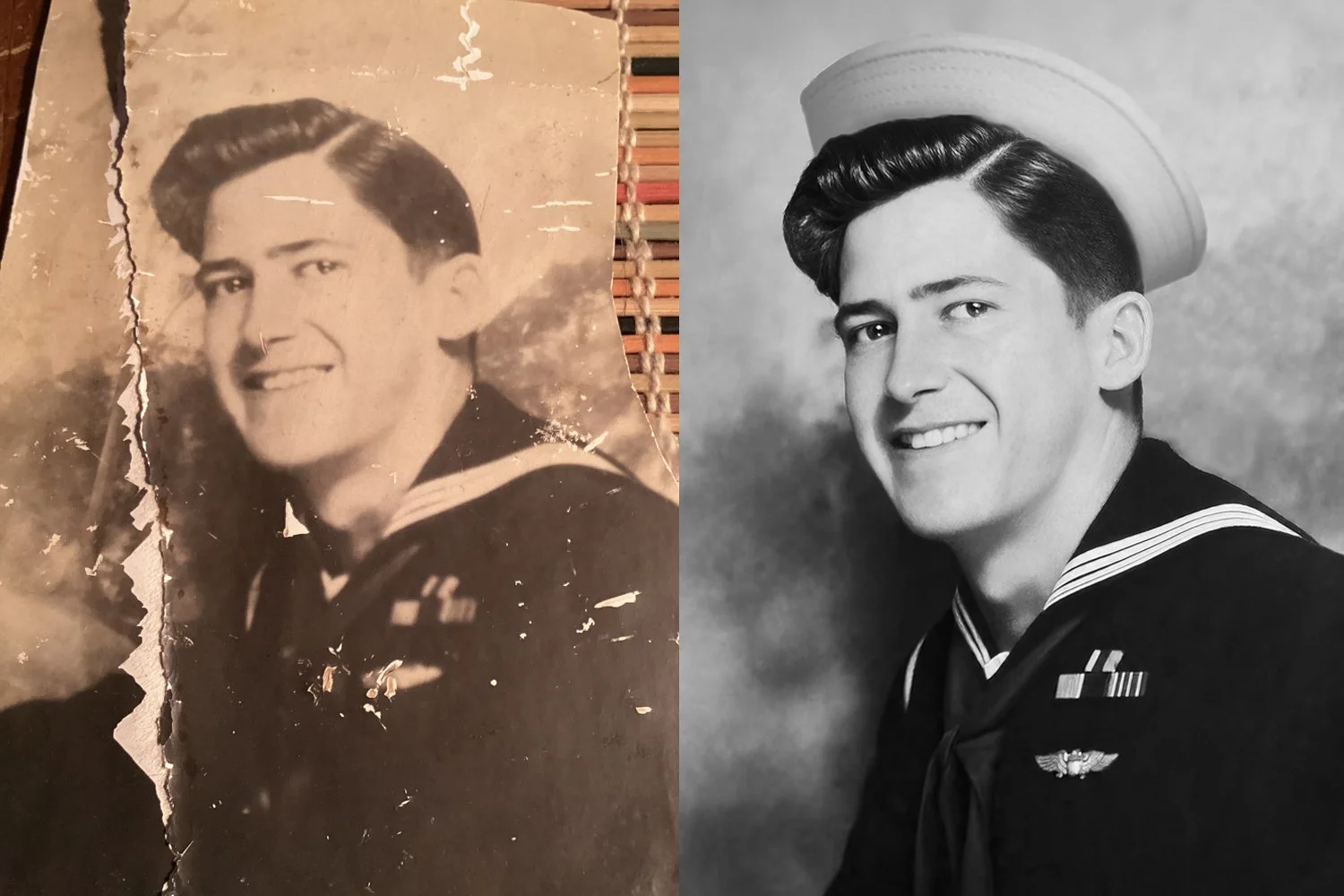 Comparison of two black and white portraits, the left being damaged and torn while the one on the right is the restored, repaired, high-resolution photo.