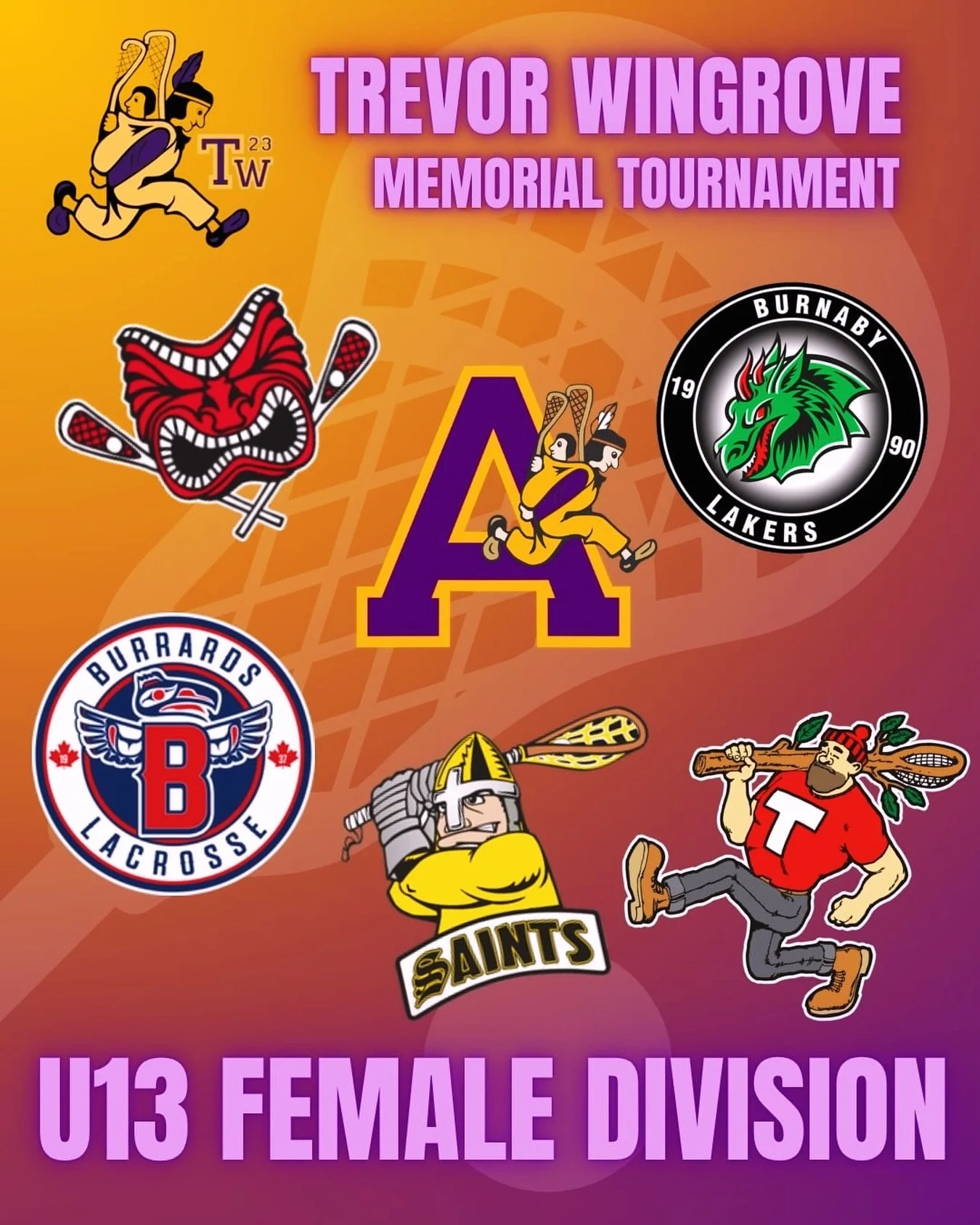Introducing the U13 Female Division teams for the 2026 Trevor Wingrove Memorial Tournament starting May 28! ✨💜

Get ready for fast pace, big energy, and a weekend full of unforgettable lacrosse!