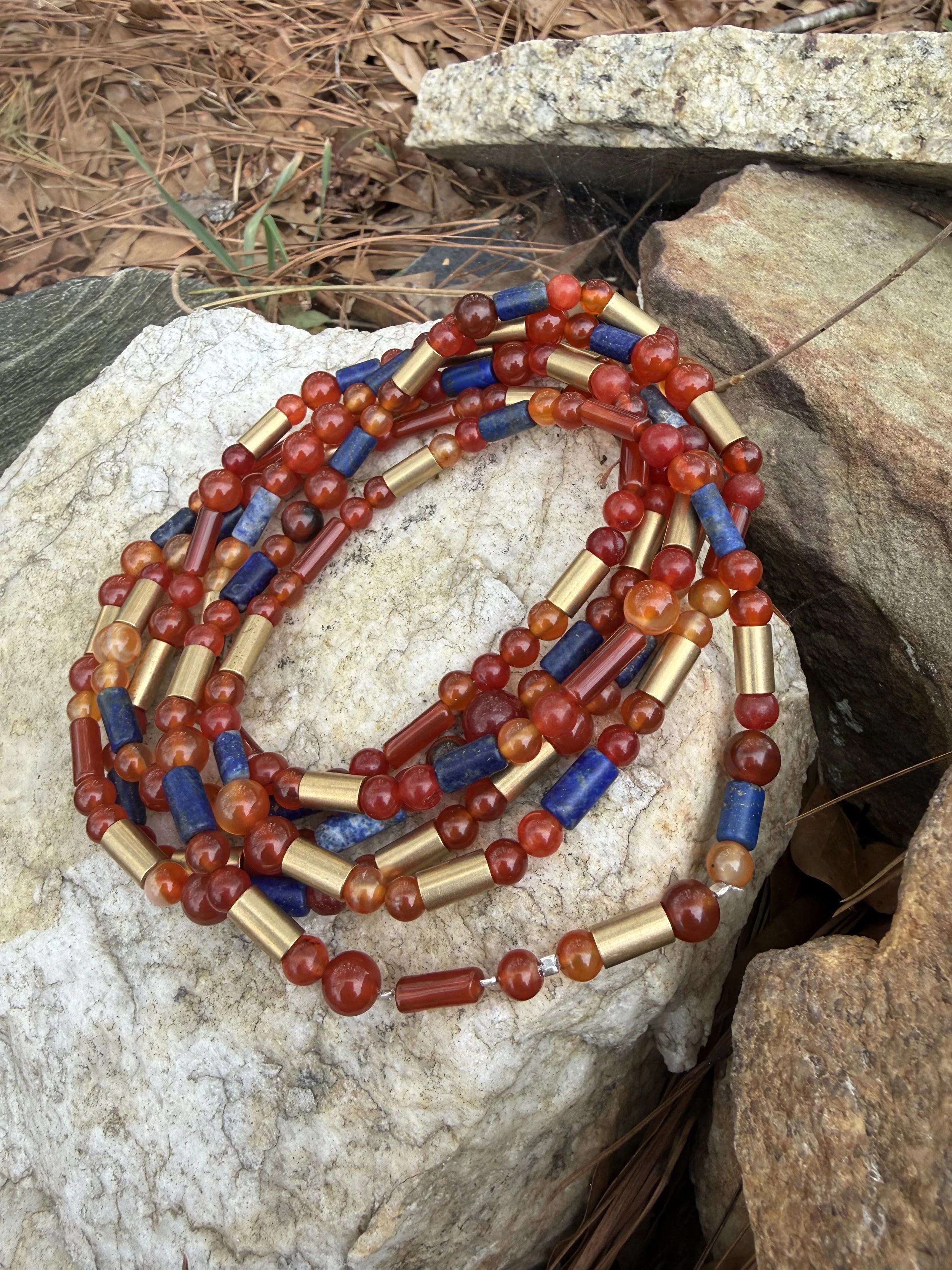 Inspired by Sumerian Ur Body 61 Great Death Pit. Lapis, Gold (Brass Sub( Carnelian. 
