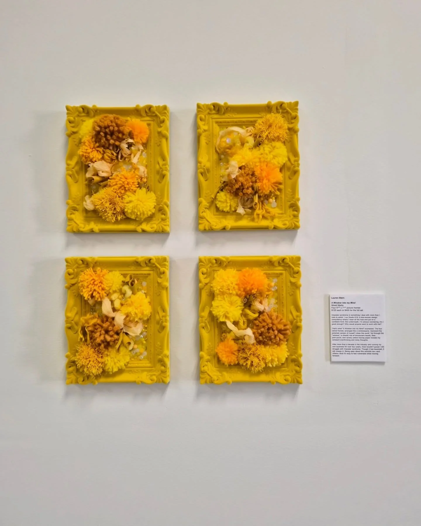 The @losostudios "Total Transparency" art show last Friday was a lot of fun! I created four #fiberart pieces for the art show.
The theme was "Total Transparency". Everyone was tasked to incorporate the same canary yellow tracing