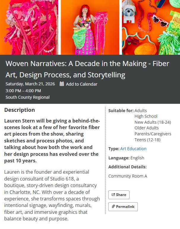 Do you want to get a peak behind the scenes at how I created some of the #weavings for the #art show displayed at the South County Regional Library?

Well, you are in luck because I am giving two artists talks and the first one coming up on March 21s