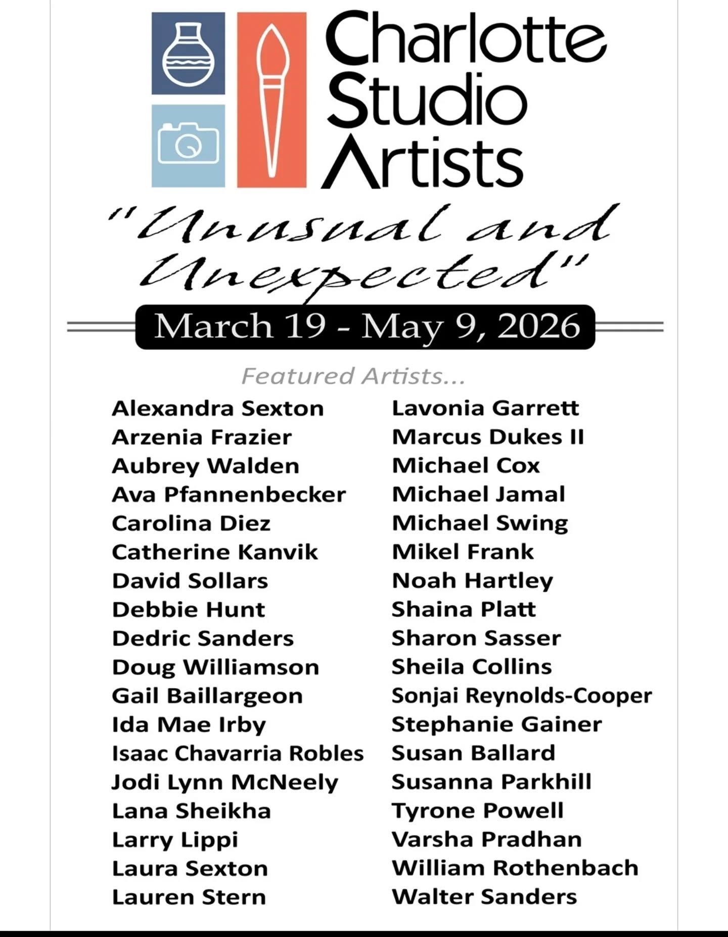 🎉 ANNOUNCEMENT:

I&rsquo;m excited to share that my #artwork will be part of the Unusual &amp; Unexpected exhibition at Charlotte Studio Artists at the @charlottestudioartists gallery!

Opening Reception: Thursday, March 19 | 5:00&ndash;8:30 PM
CSA 