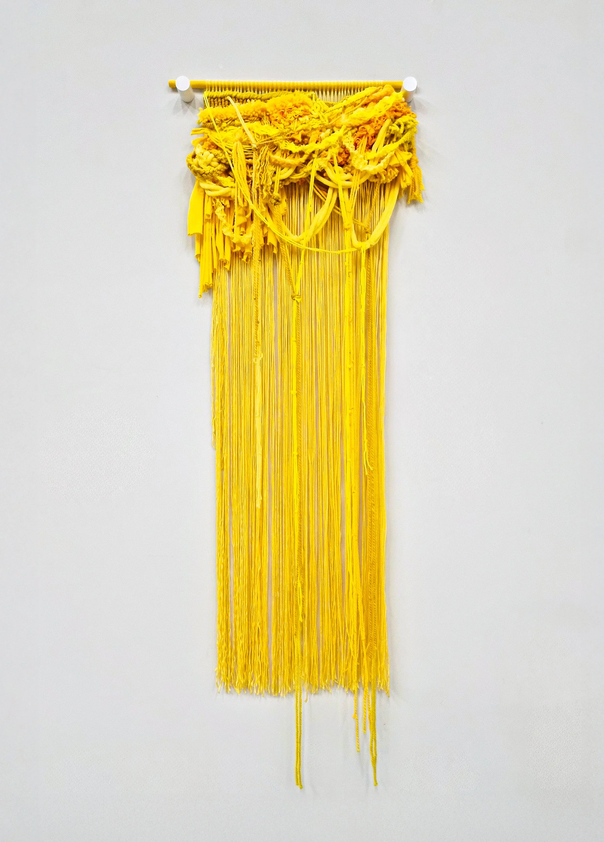 A fiber art piece comprised of interwoven fibers suspended from a painted wooden dowel