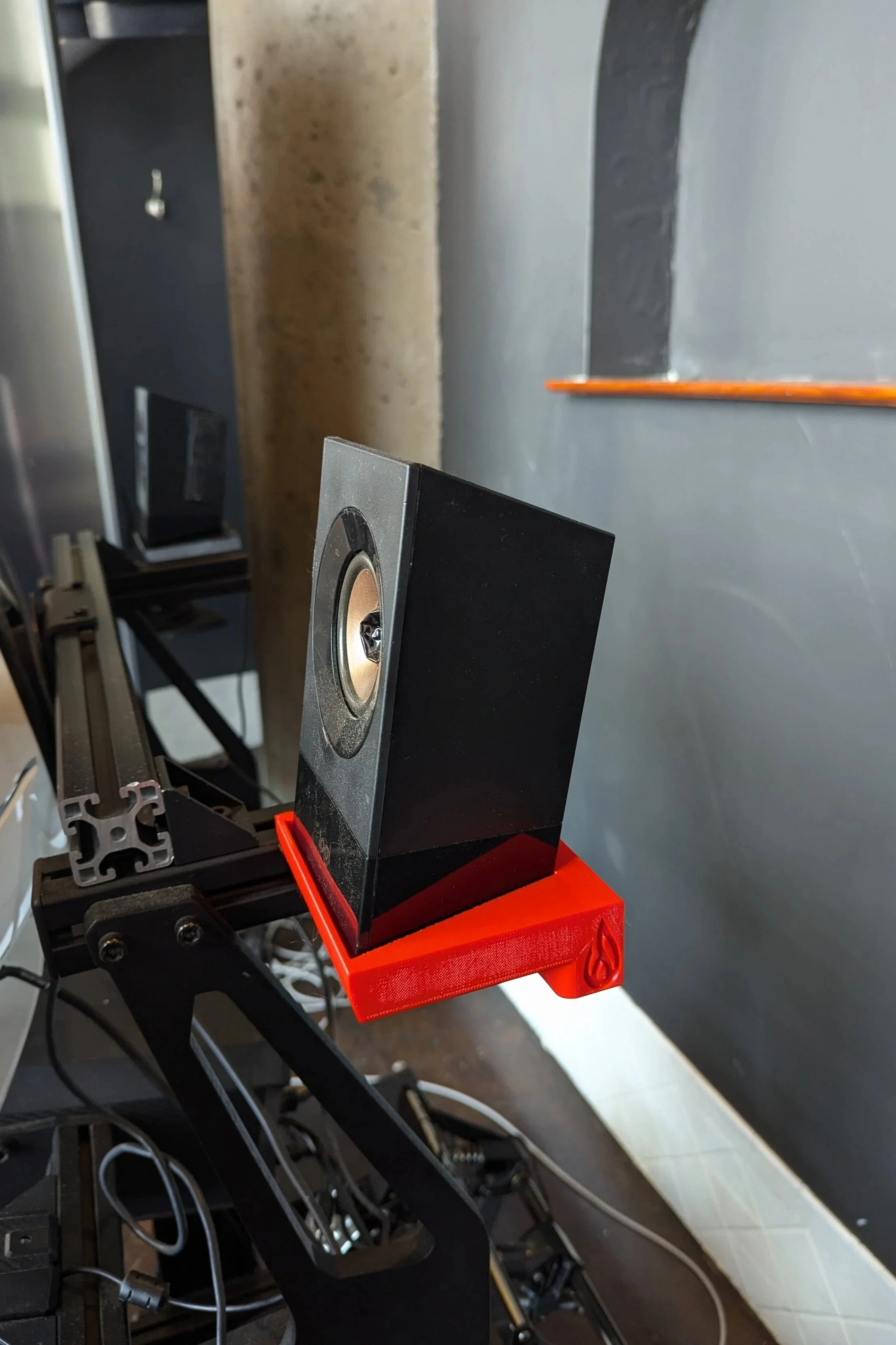 3D speaker holder, designed by CT3D for a race-car simulator at Petrolhead Cafe.