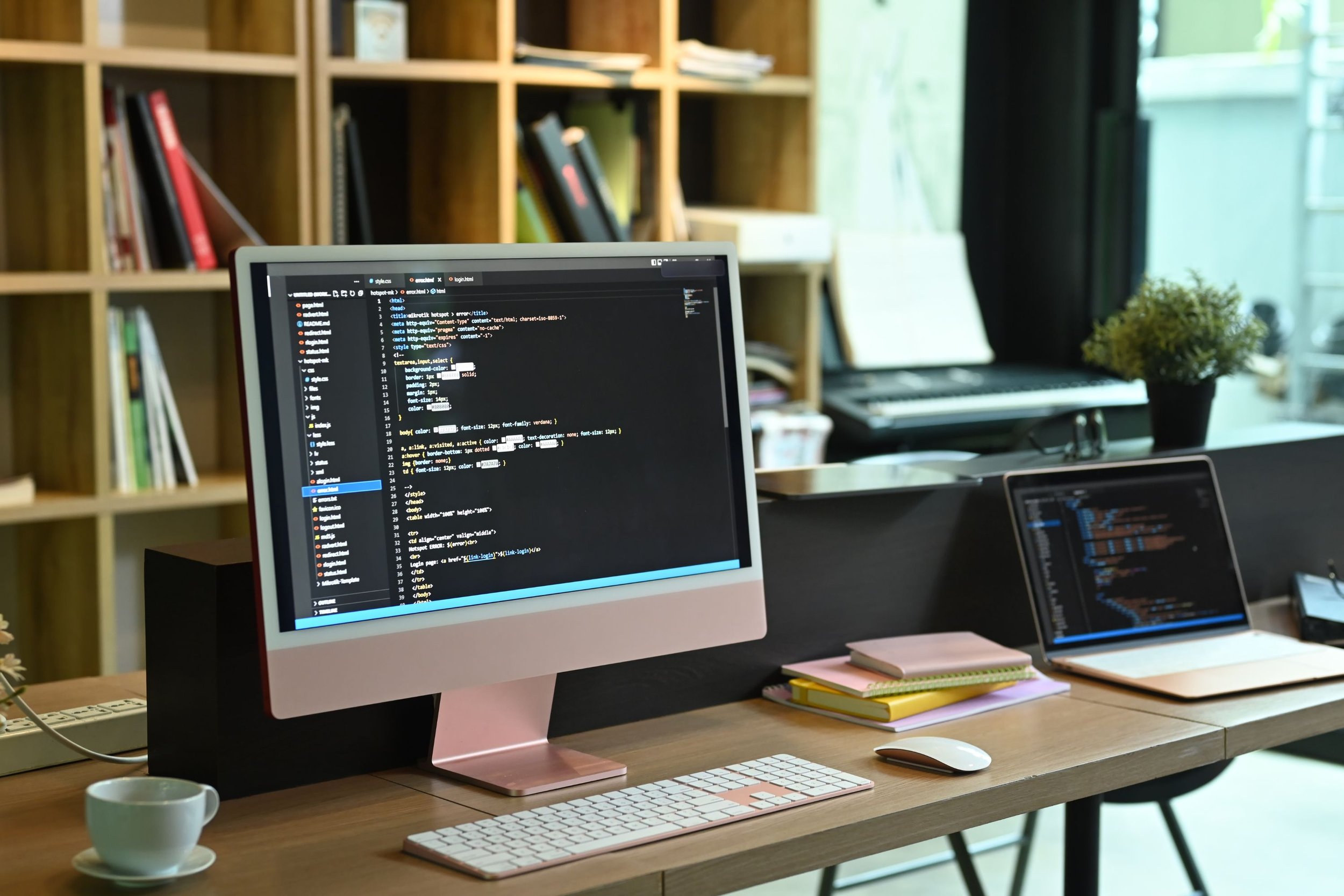 Computer monitor displaying coding on a desk in a workspace with a keyboard, mouse, notebooks, and a tablet, with bookshelves and a keyboard in the background.