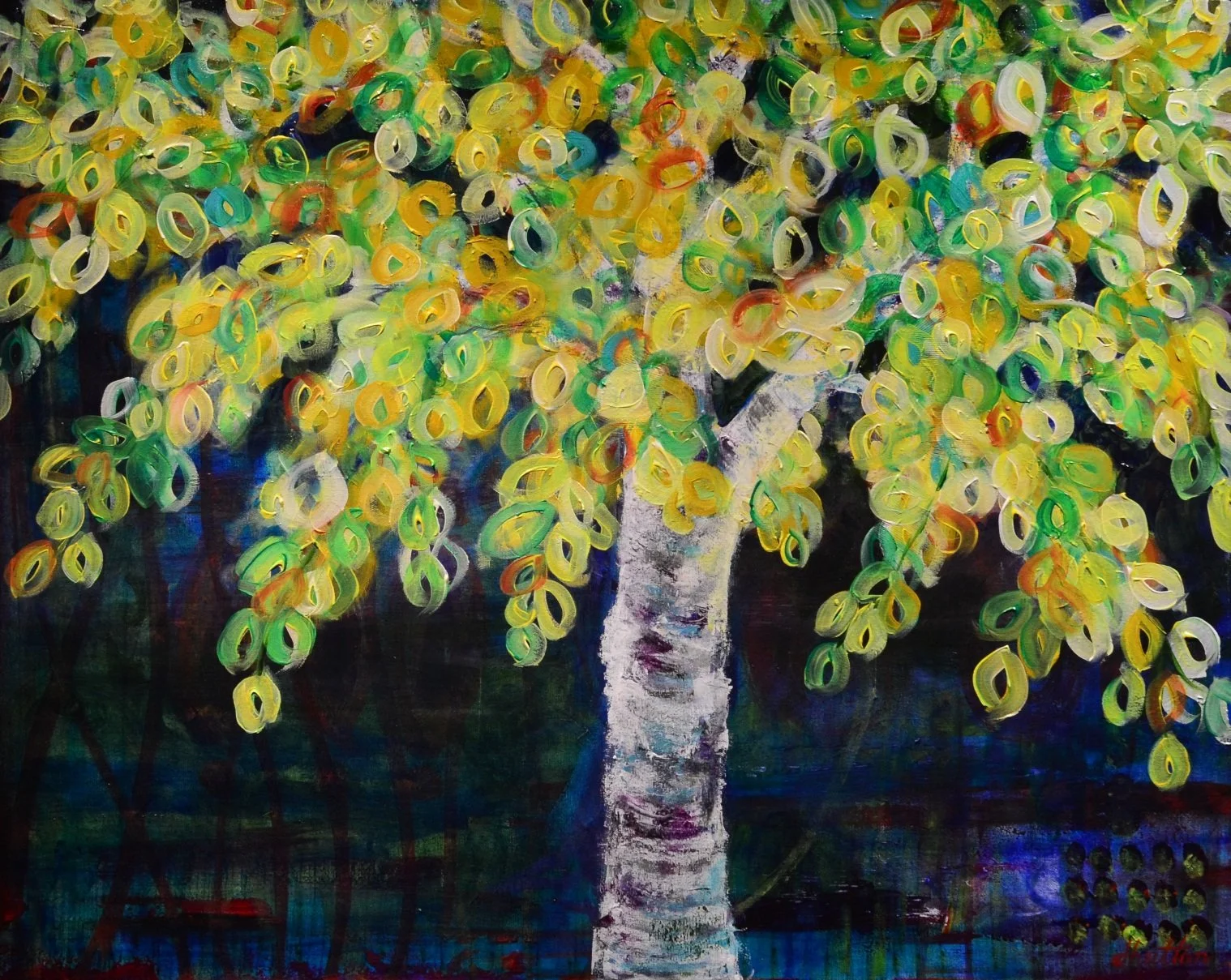 Sunny Side Up, 24x30 inch acrylic painting by Dee Hutton, featuring a birch tree with bright leaves of green, yellow, orange and red on a subtle patterned background of deep blues.