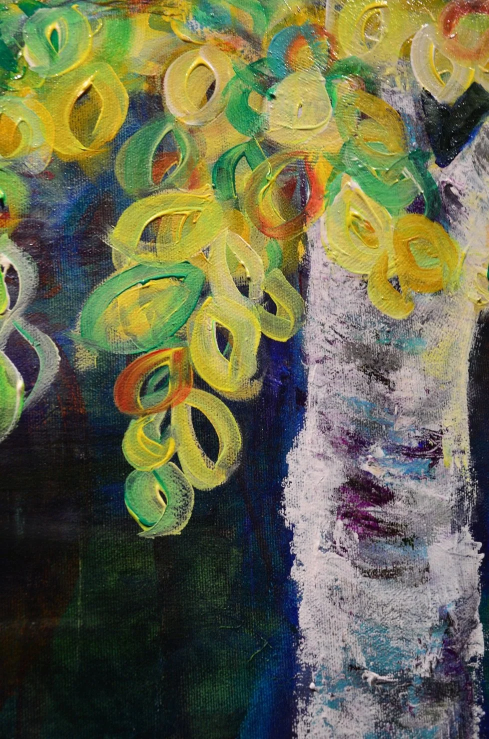 Detail of Sunny Side Up, 24x30 inch acrylic painting by Dee Hutton, showing the textured brushstrokes on the birch tree's leaves and trunk.