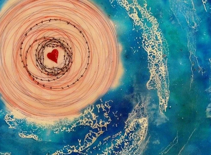 Detail of Love's Labyrinth by Dee Hutton shows the red & blue circular lines on the island and the texture of the white shellac burn on the waves.