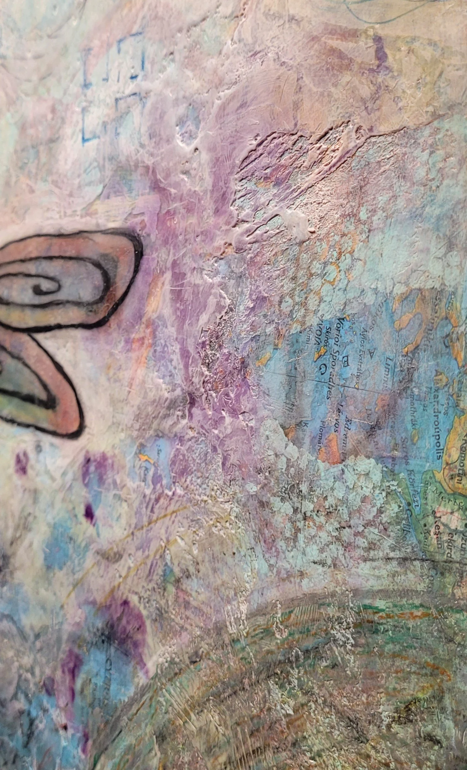 Detail of Awakening, encaustic mixed media painting by Dee Hutton, featuring rich texture, layered patterns and glimpses of a map.