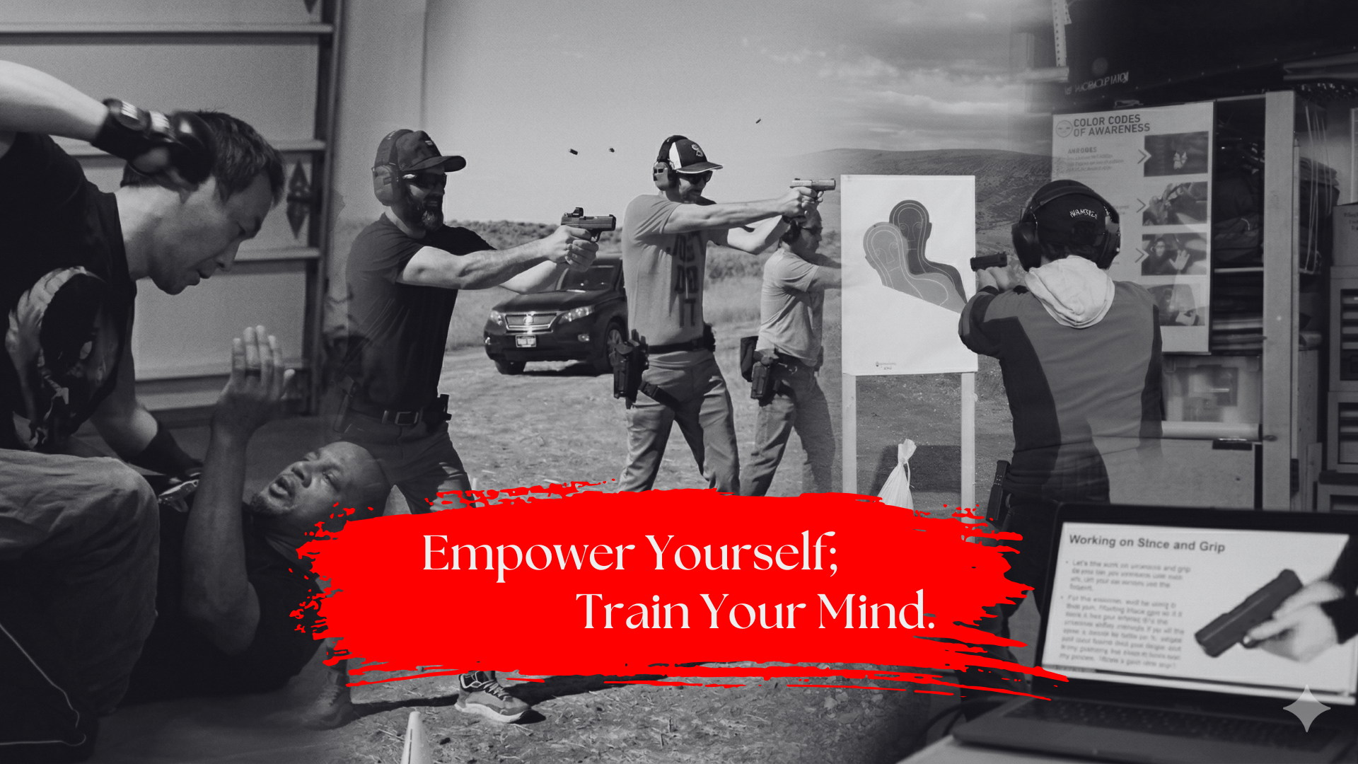 A group of people participating in a shooting training exercise at an outdoor firing range, with a monitor displaying instructions and a red banner with the text 'Empower Yourself; Train Your Mind.'