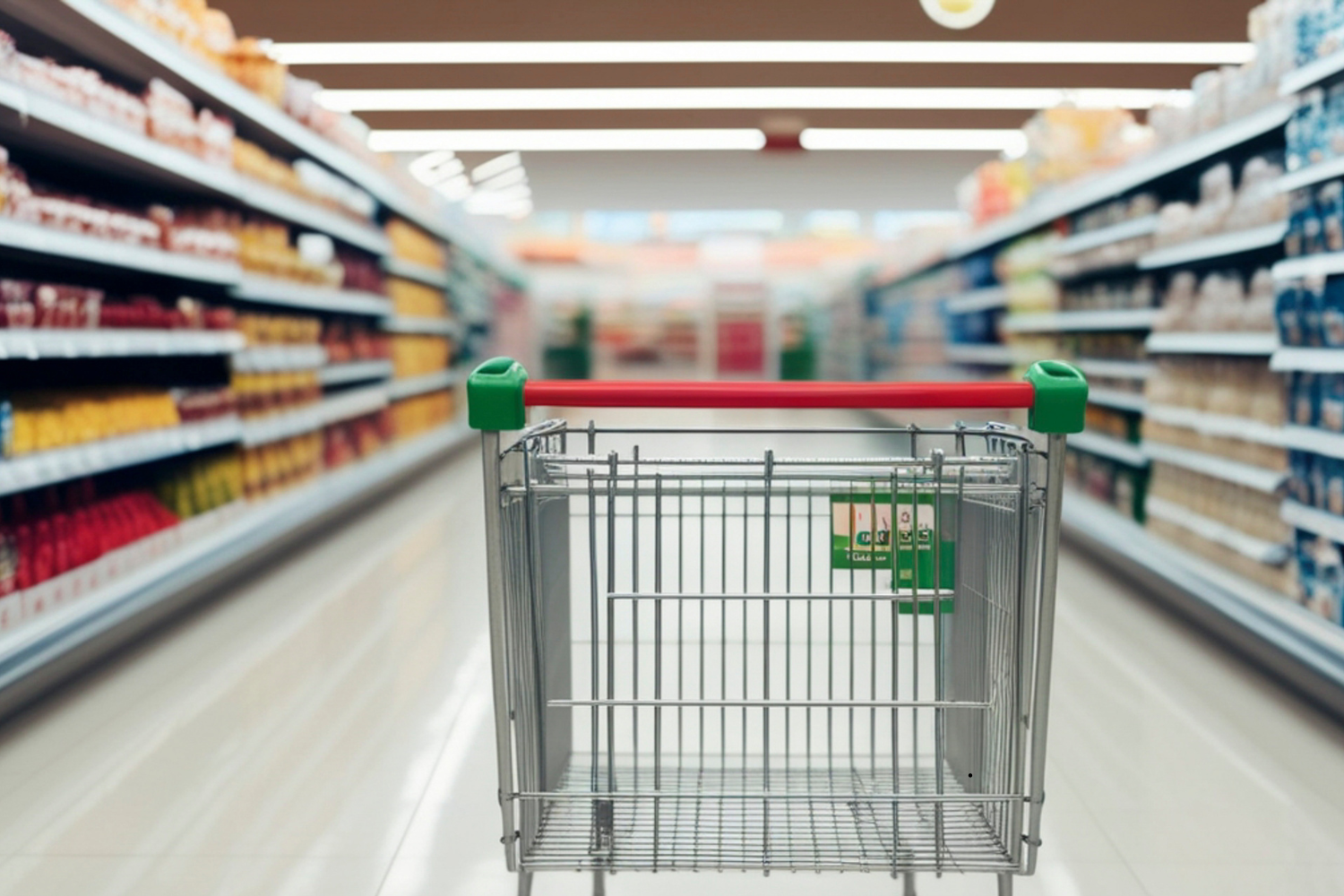 Photo is of a shopping cart going down a supplement aisle