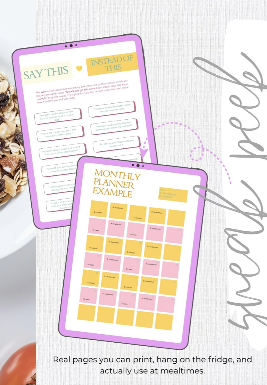 Photo shows the pages from the Happy Plate Method that you can print out. One is a Monthly Planner, and another is a reference sheet for what to say.