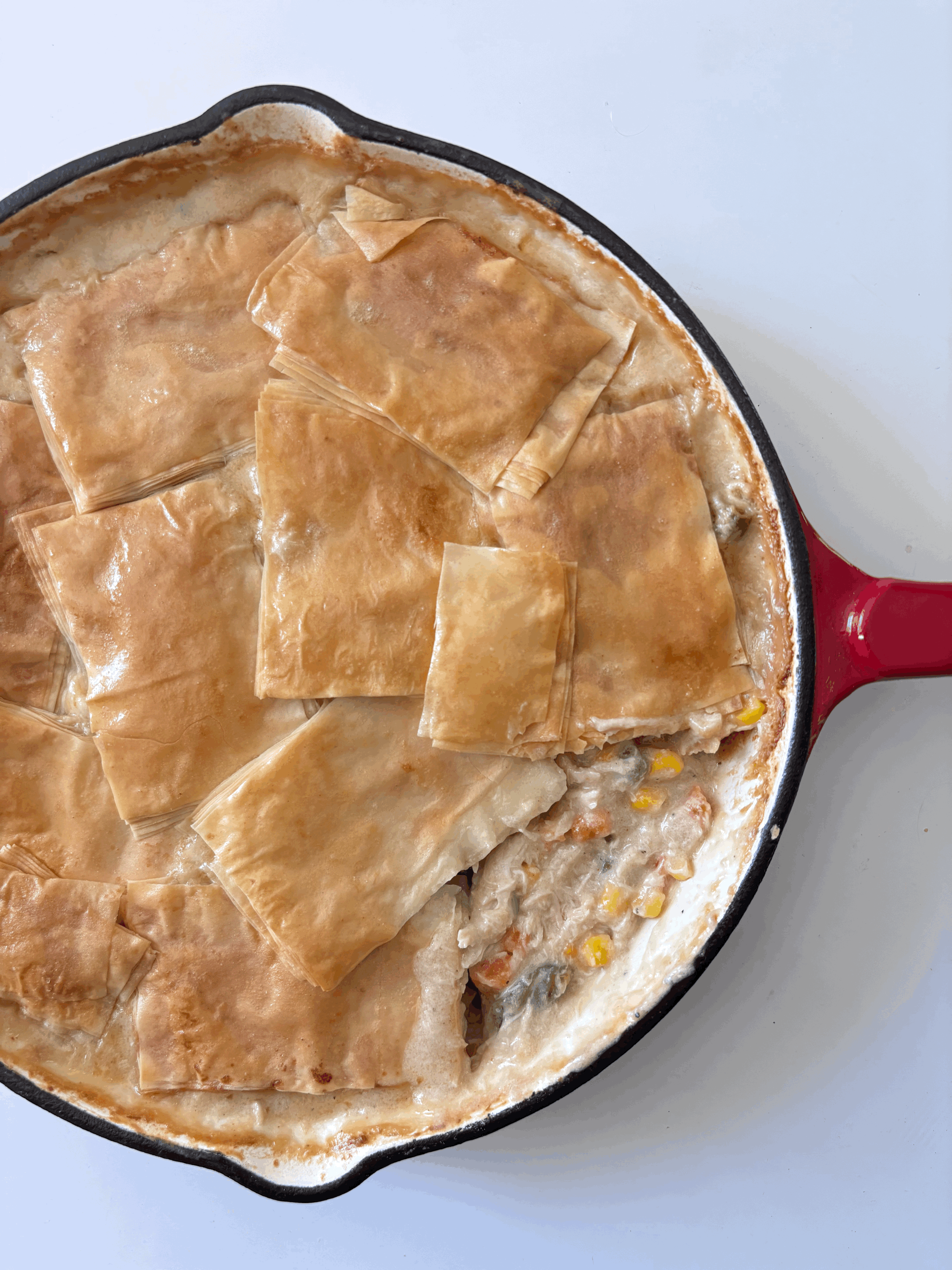 Pot pie with a crispy top crust and visible vegetables and chicken inside