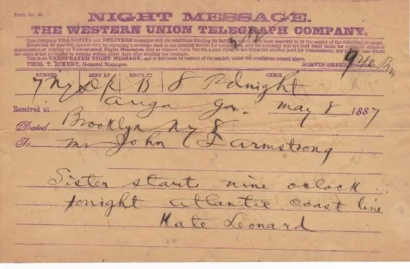 1887 Telegram from Cousin Kate Leonard to John F Armstrong