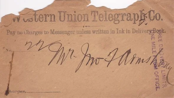1887 Telegram from Cousin Kate Leonard to John F Armstrong