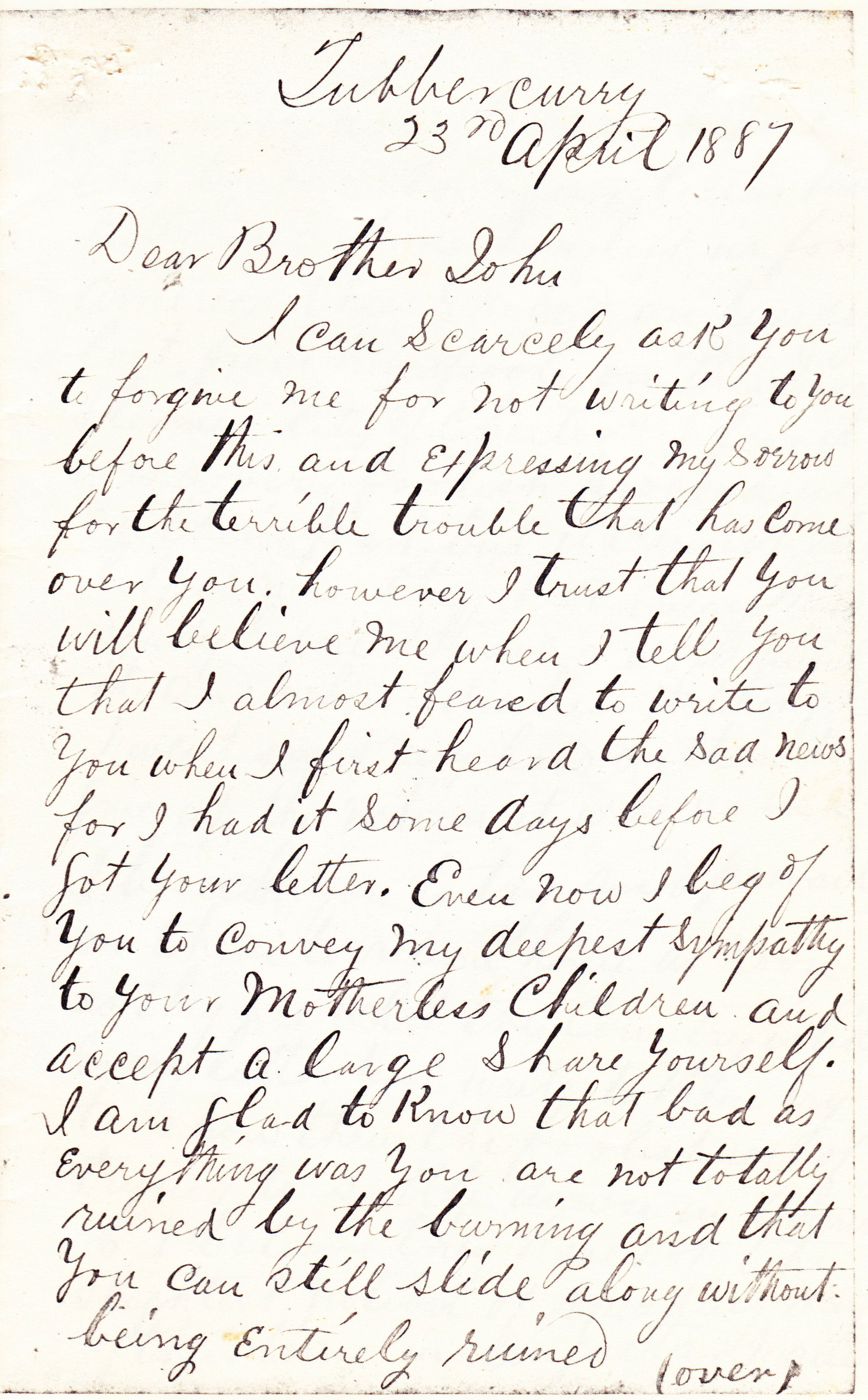 April 23, 1887 Letter from Luke Armstrong in Tubbercurry to JF Armstrong