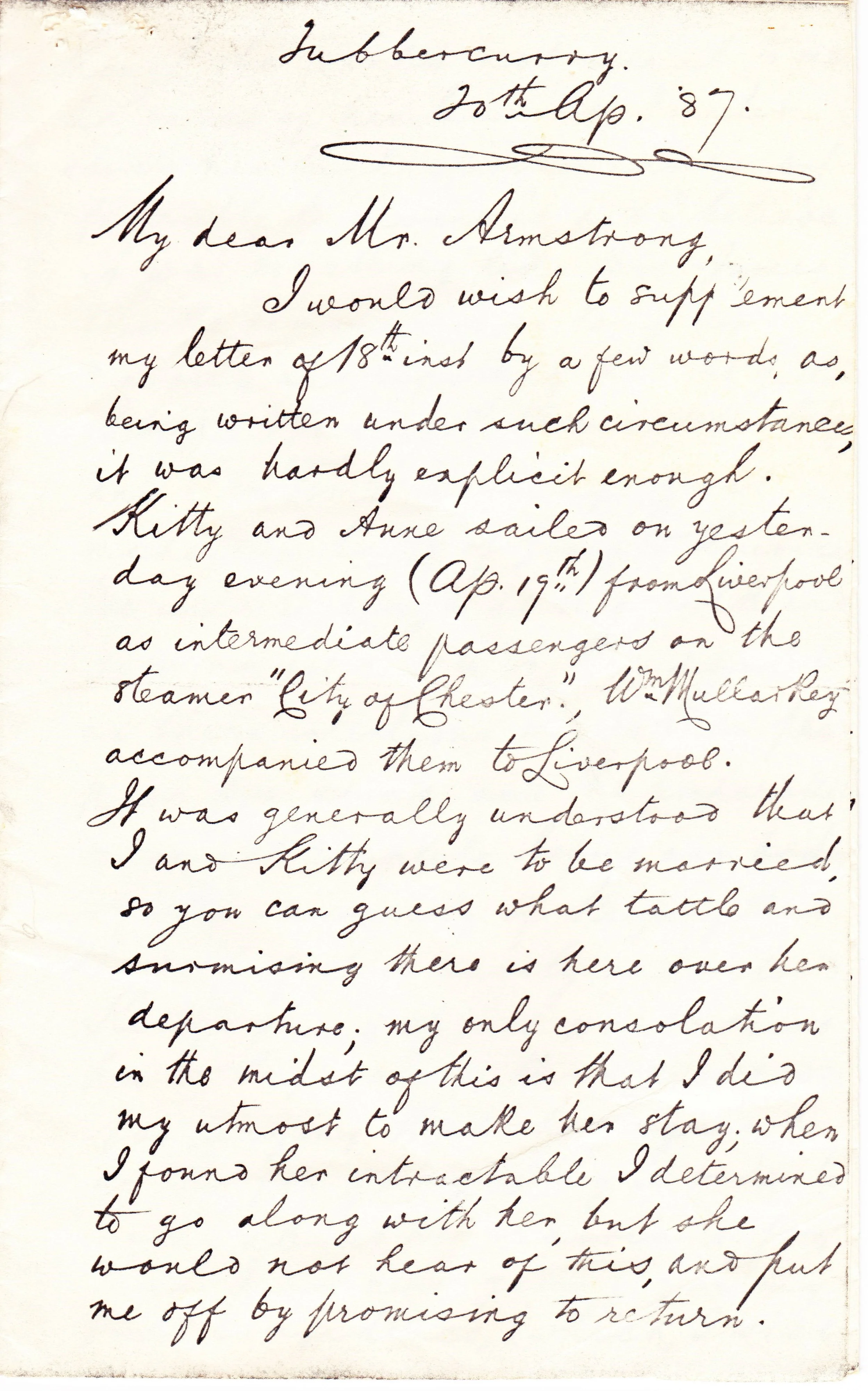 April 20, 1887 Letter from JJ Flanagan in Tubbercurry to JF Armstrong