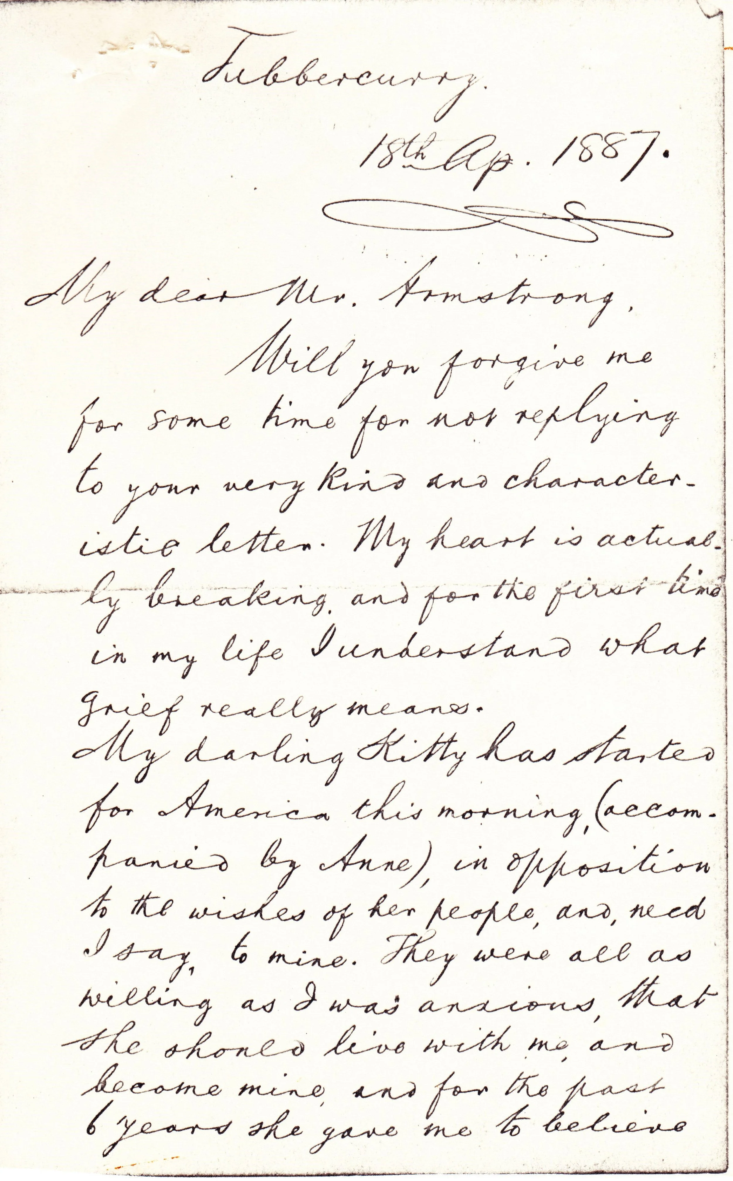 April 18, 1887 Letter from JJ Flanagan in Tubbercurry to JF Armstrong