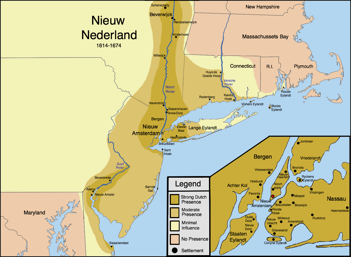 Map of Netherland settlements and areas of influence (1614-1674)