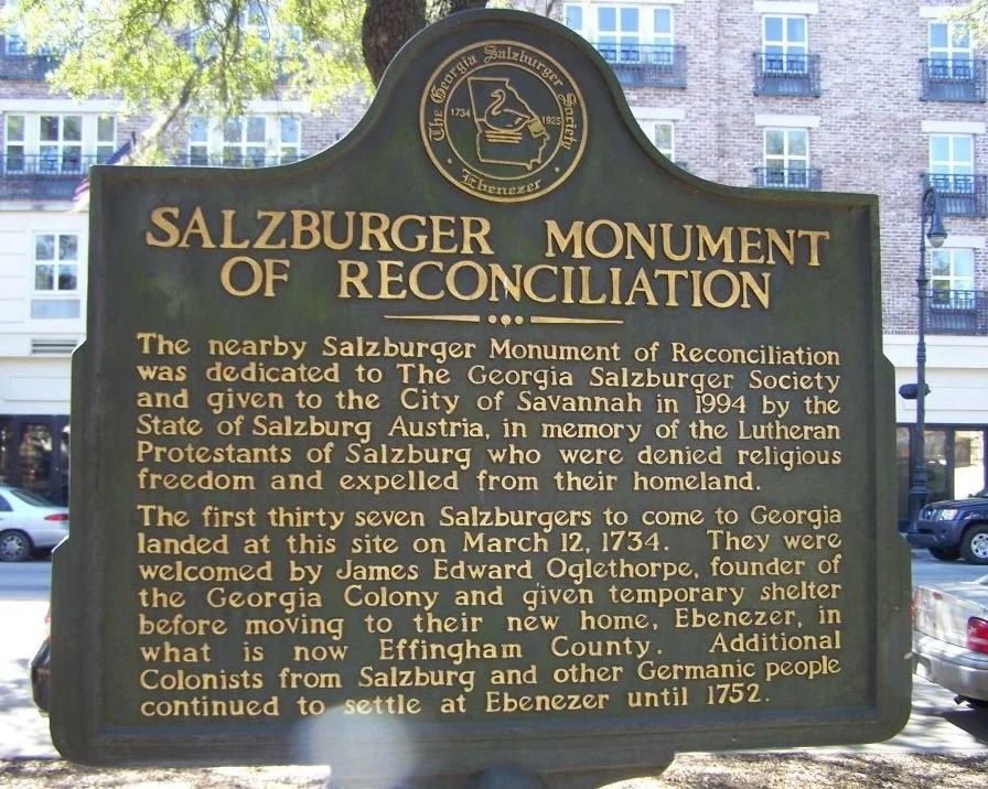 Historical marker at the Salzburger Monument of Reconciliation in Savannah, Georgia