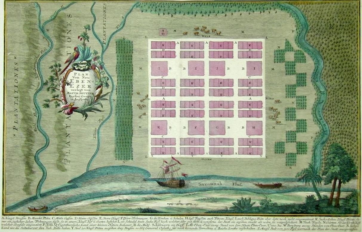 “Plan von Neu Ebenezer”, 1747 by Matthaeus Seutter