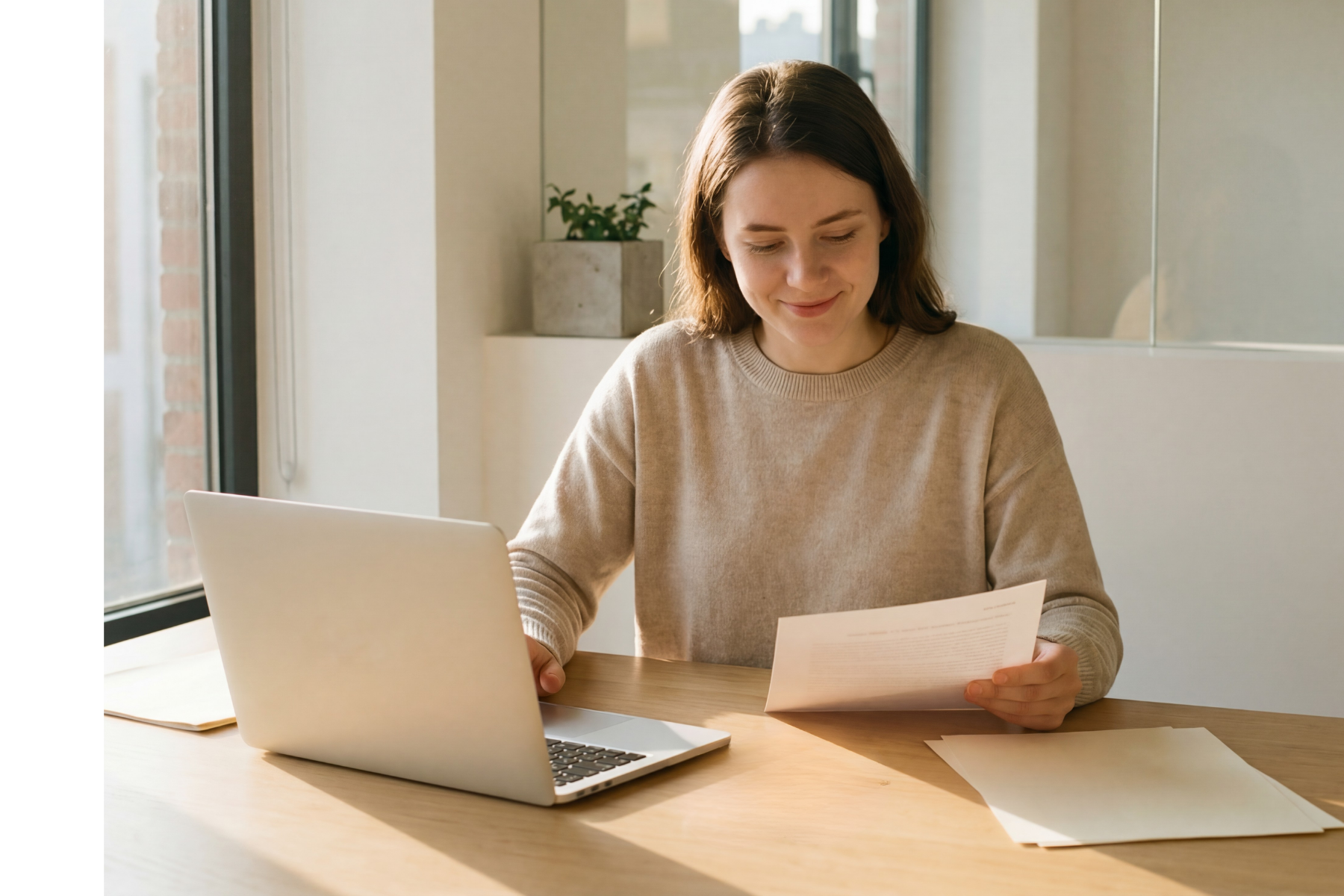 Woman reviewing a document while working on a laptop at a desk.