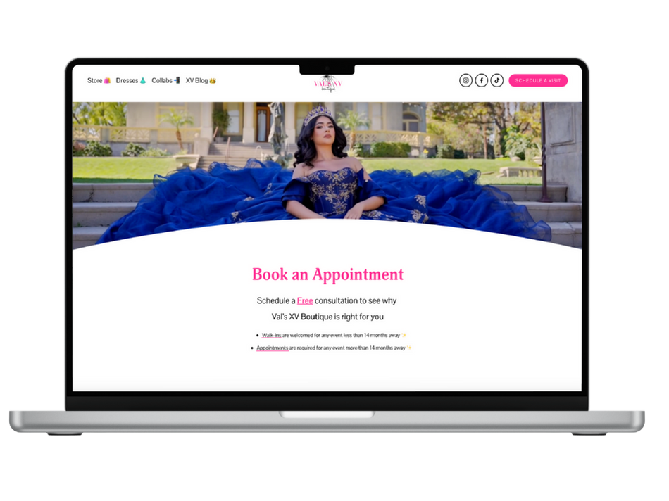 A woman in a blue gown sitting outdoors on the steps of a building, with trees and a walkway in the background, on a webpage promoting booking an appointment at Vals XV Boutique.