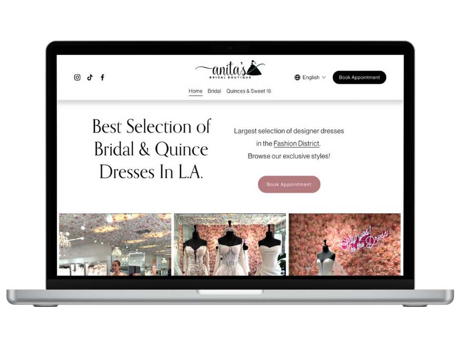 Website homepage of Anita's Bridal Boutique featuring a header with social media icons, language option, and 'Book Appointment' button. Main text promotes a large selection of bridal and quinceañera dresses in Los Angeles. Below, three images display wedding dresses and a decorated boutique interior.